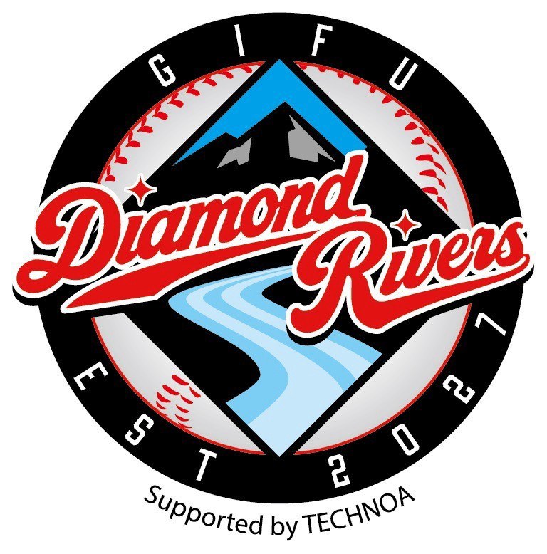 岐阜テクノアダイヤモンドリバーズの球団ロゴ。野球ボールを表す円の中に、岐阜の山々と河川を描いたダイヤモンド、赤い筆記体で「Diamond Rivers」、下に「GIFU」「EST 2027」「Supported by TECHNOA」